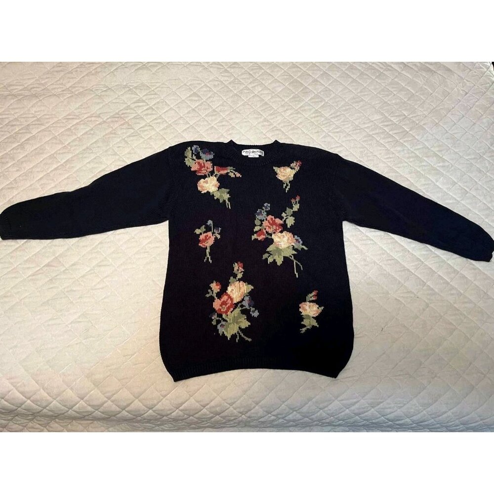 Vintage 90s JH Collectibles Sweater Women Large Floral Knit Grannycore Pullover